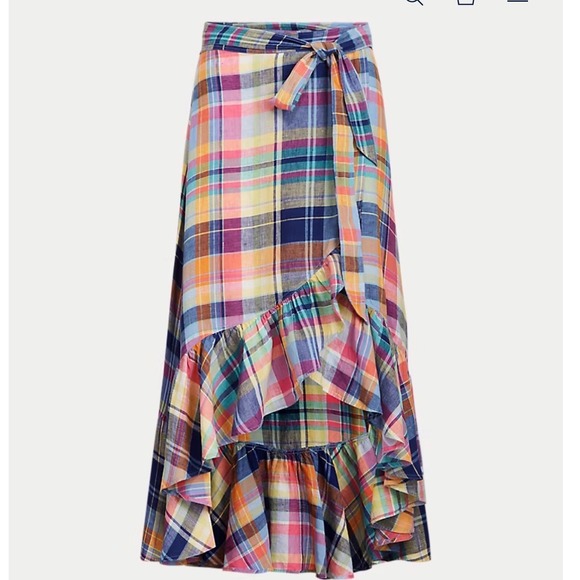 Polo Ralph Lauren Dresses & Skirts - Polo Ralph Lauren Madras Linen Wrap Skirt Multicolor Plaid Ruffle High Low 14